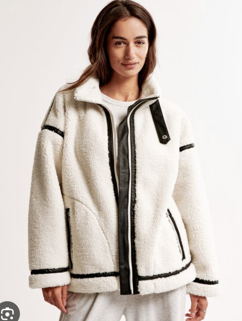New Without Tags! Abercrombie Cream Sherpa Jacket Black Trim Aviator Oversized